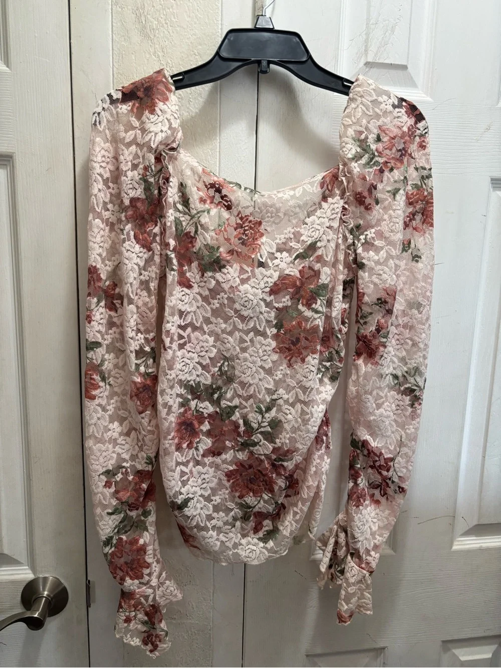 Anthropology Floral Lace Long Sleeve Blouse — Cream with Rust & Olive Flowers